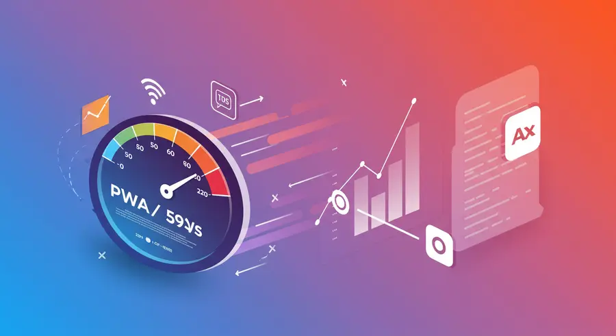 A visually appealing and modern image representing web performance optimization, with elements like speedometers, fast-loading indicators, and network graphs, all themed around Progressive Web Apps (PWAs).